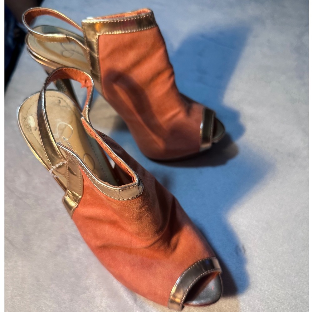 Jessica Simpson Coral Suede Metallic Rose Gold Snakeskin Platform Heels 7.5
